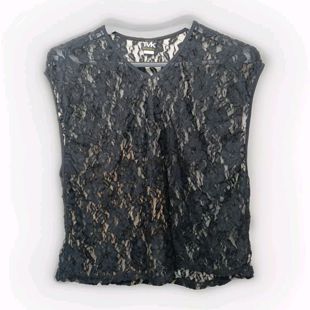 Tvk Swimwear Women's Swim Cover Up Top Black Floral Lace Sleeveless V-neck SZ S